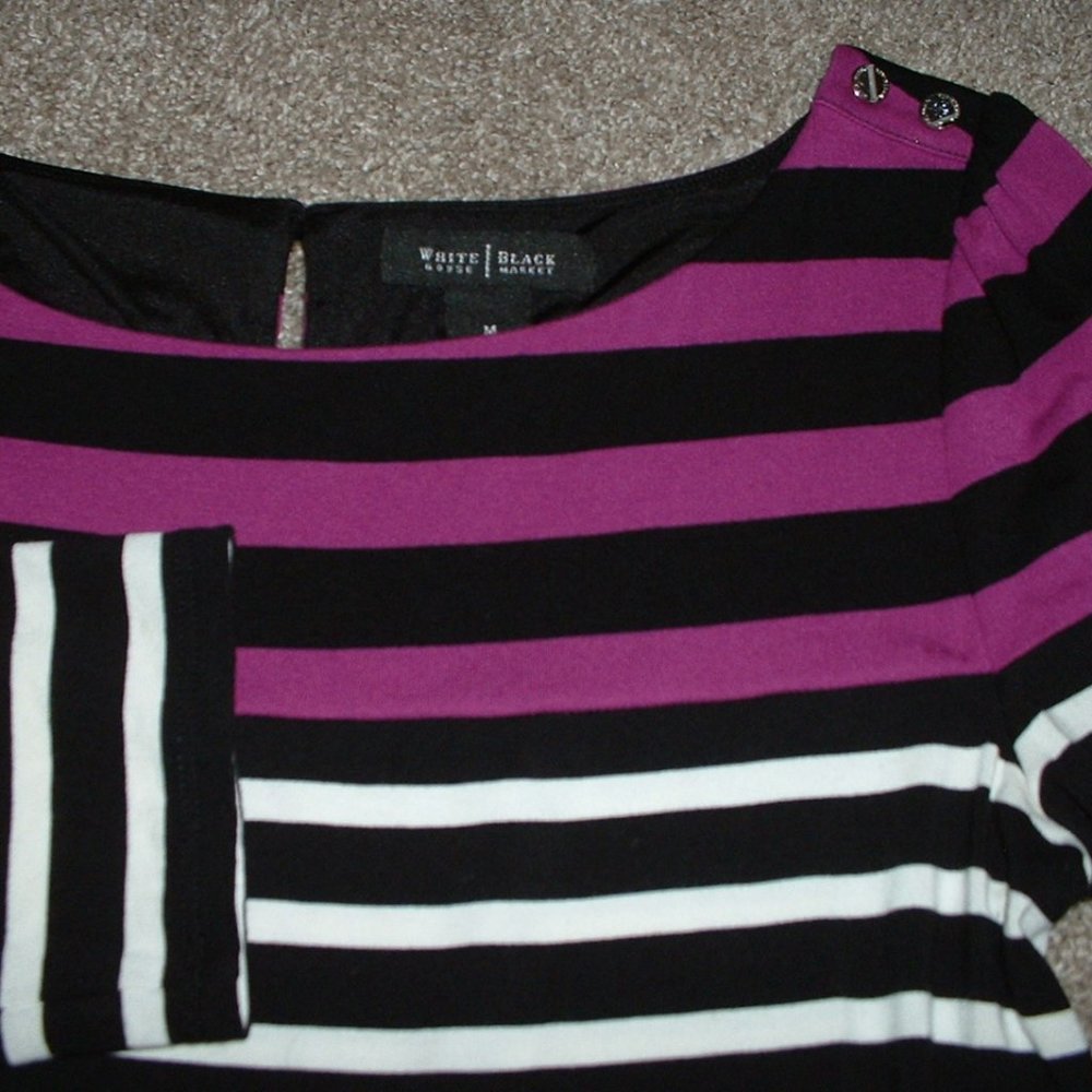 White House Black Market Womens Striped Shift Dress Purple Rayon Size Medium EUC - Picture 2 of 4
